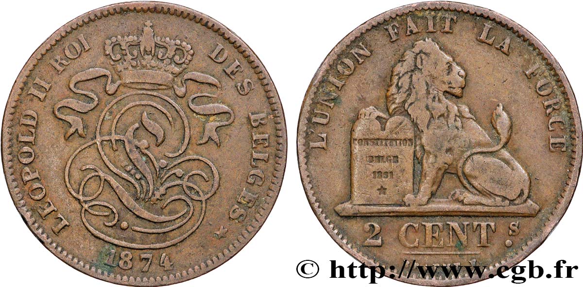 BELGIQUE 2 Centimes Léopold II 1874 Bruxelles TTB 