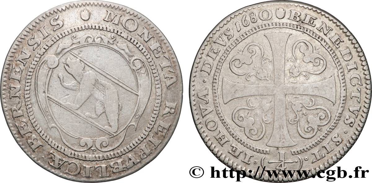 SUISSE - CANTON DE BERNE 1/4 Thaler 1680  TB+ 