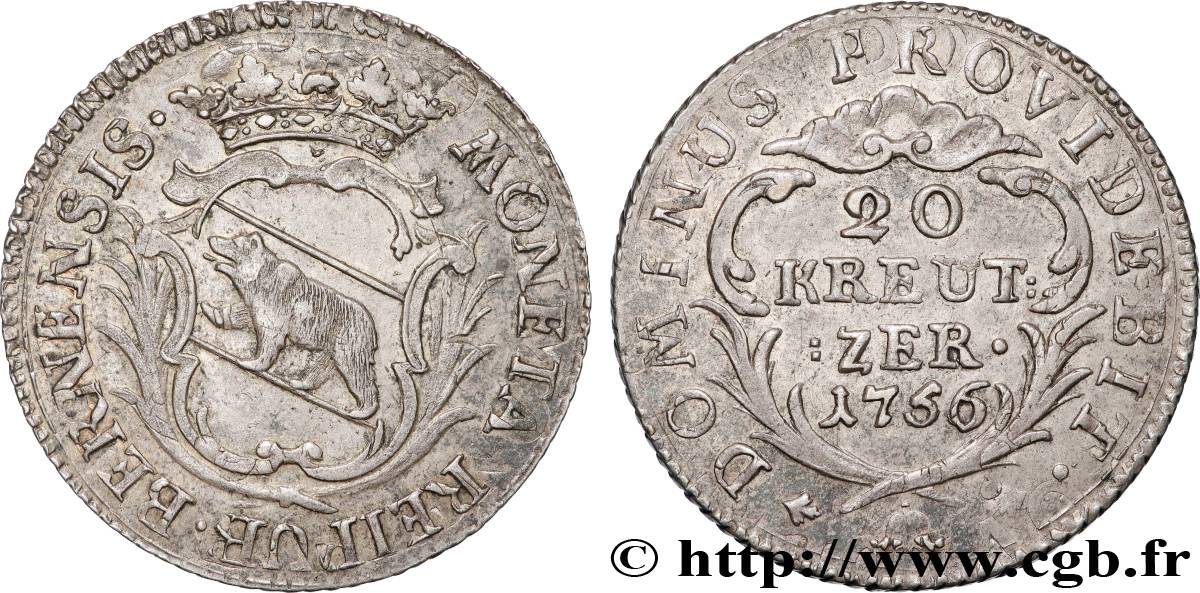 SUISSE - CANTON DE BERNE 20 Kreuzer canton de Berne ours 1756  TTB+ 