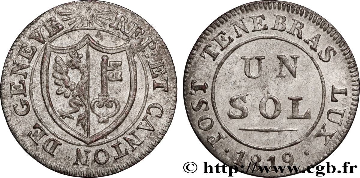 SUISSE - RÉPUBLIQUE DE GENÈVE 1 Sol 1819  TTB+ 