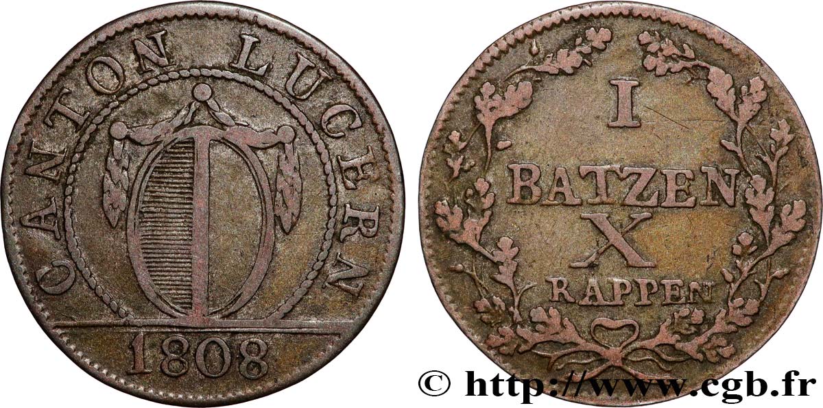 SWITZERLAND - CANTON OF LUCERNE 1 Batzen - X Rappen 1808  XF 