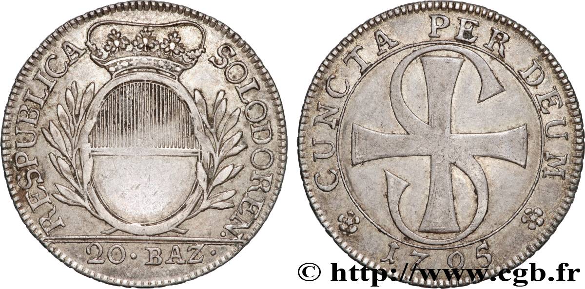 SUISSE - CONFÉDÉRATION HELVÉTIQUE - CANTON DE SOLEURE 20 Batzen 1795  TTB+ 