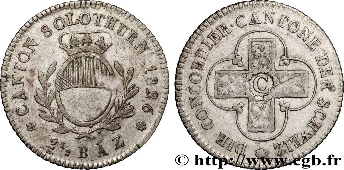 SWITZERLAND - CONFEDERATION OF HELVETIA - CANTON OF SOLOTHURN 2 1/2 Batzen - Canton de Solothurn 1826  XF 