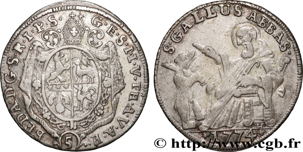 SWITZERLAND - CANTON OF ST. GALLEN 5 Kreuzer Beda Angehrn von Hagenwil 1774 Saint-Gall VF 