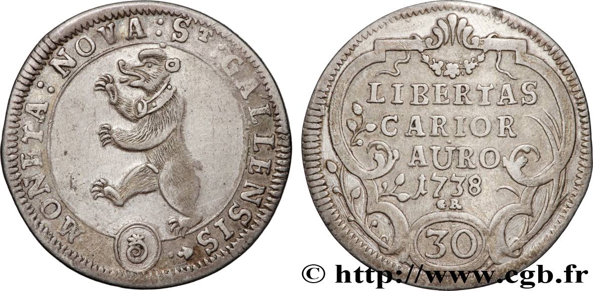 SUISSE - CANTON DE SAINT-GALL 30 Kreuzer 1738  TTB 