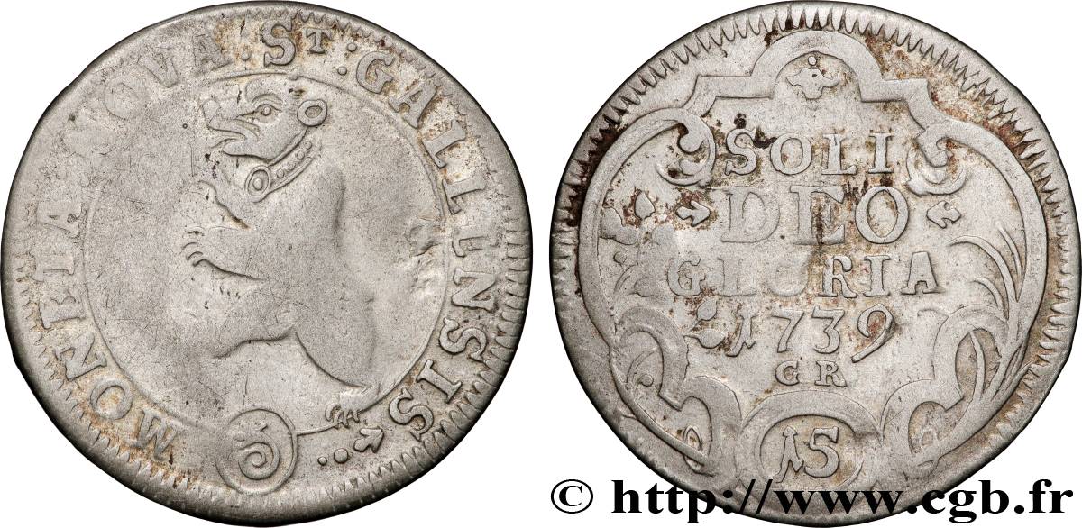 SWITZERLAND - CANTON OF ST. GALLEN 15 Kreuzer 1739  VF 