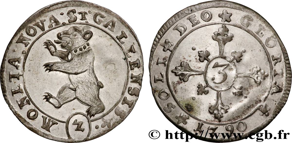 SUISSE - CANTON DE SAINT-GALL Groschen ou 3 Kreuzer  1790  TTB+ 