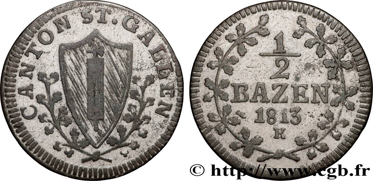 SWITZERLAND - CANTON OF ST. GALLEN 1/2 Batzen - canton de Saint Gall 1813  XF 