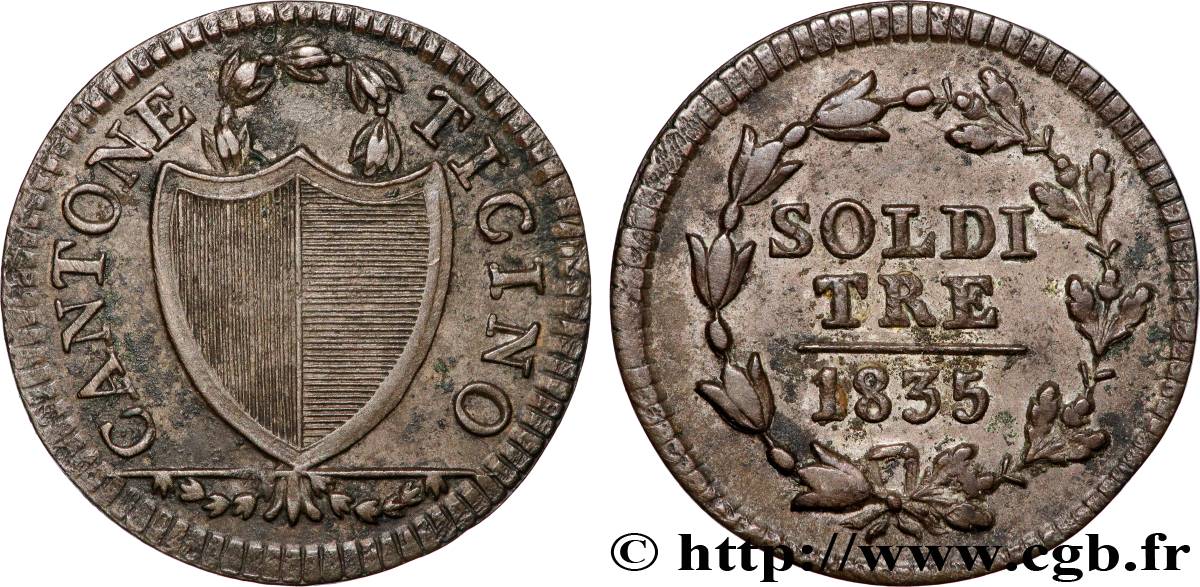 SUISSE - CANTON OF TICINO 3 Soldi 1835  XF 