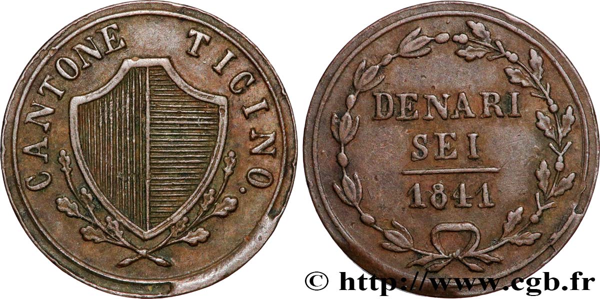SUISSE - CANTON DU TESSIN 6 Denari 1841  TTB 