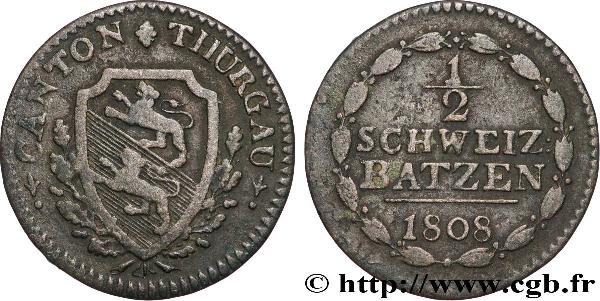 SUISSE - CANTON OF THURGAU 1/2 Schweiz Batzen - Canton de Thurgau 1808  VF 