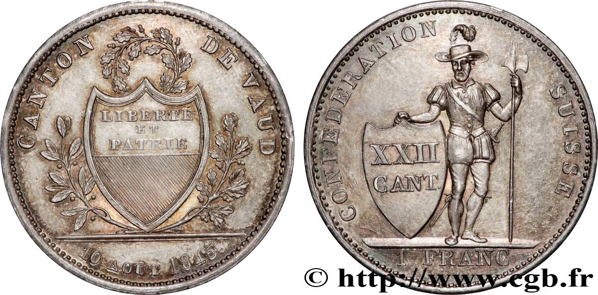 SUISSE - CANTON DE VAUD 1 Franc avec dorure 1845 Lausanne SUP 