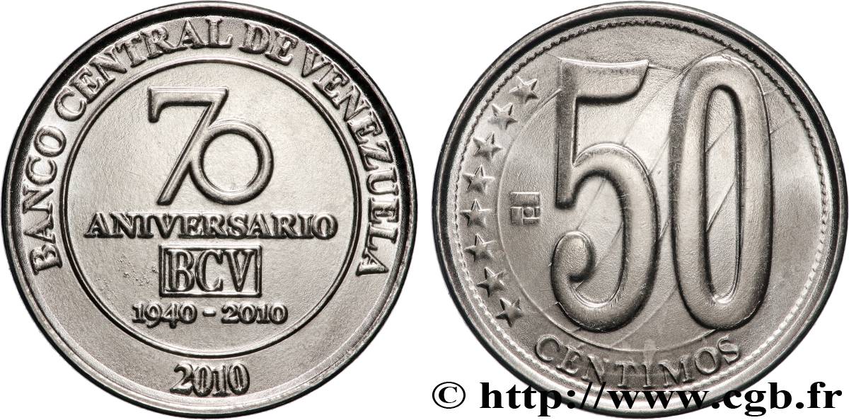 VENEZUELA 50 Centimos 70e anniversaire de la Banque centrale du Venezuela 2010  MS 