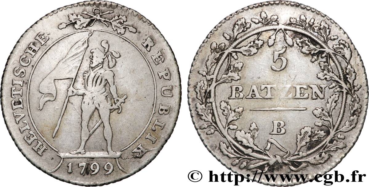 SUISSE - RÉPUBLIQUE HELVÉTIQUE 5 Batzen 1798 Berne TB+ 