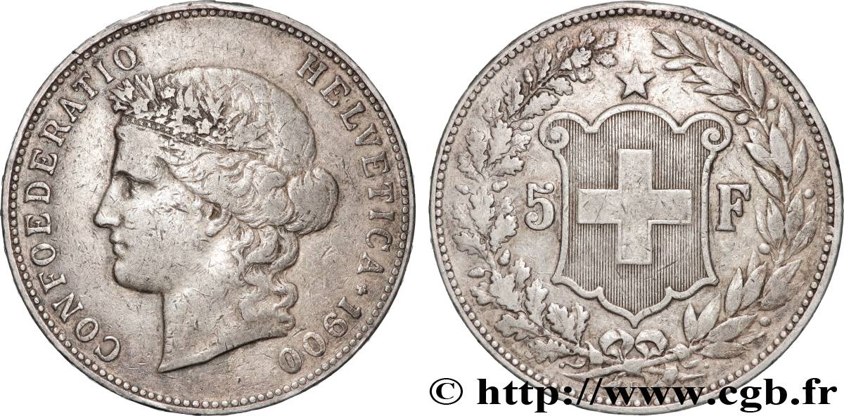 SWITZERLAND 5 Francs Helvetia 1900 Berne XF 