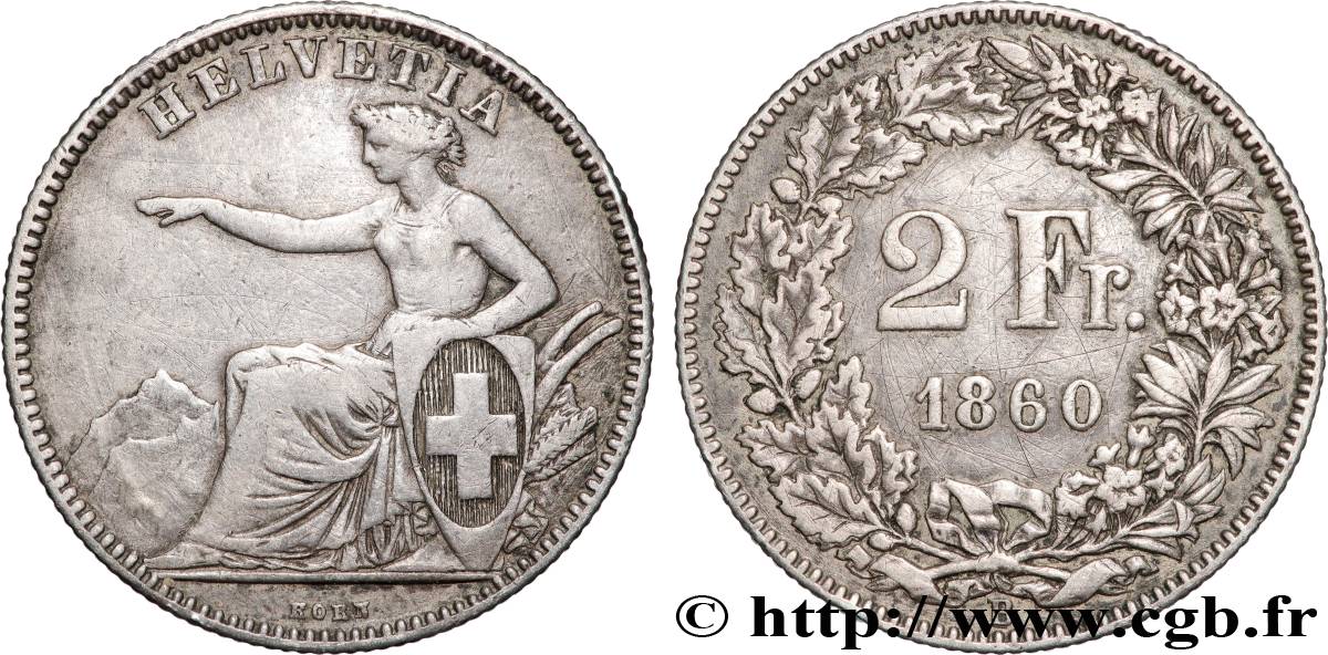 SUISSE 2 Francs Helvetia 1860 Berne TB+ 