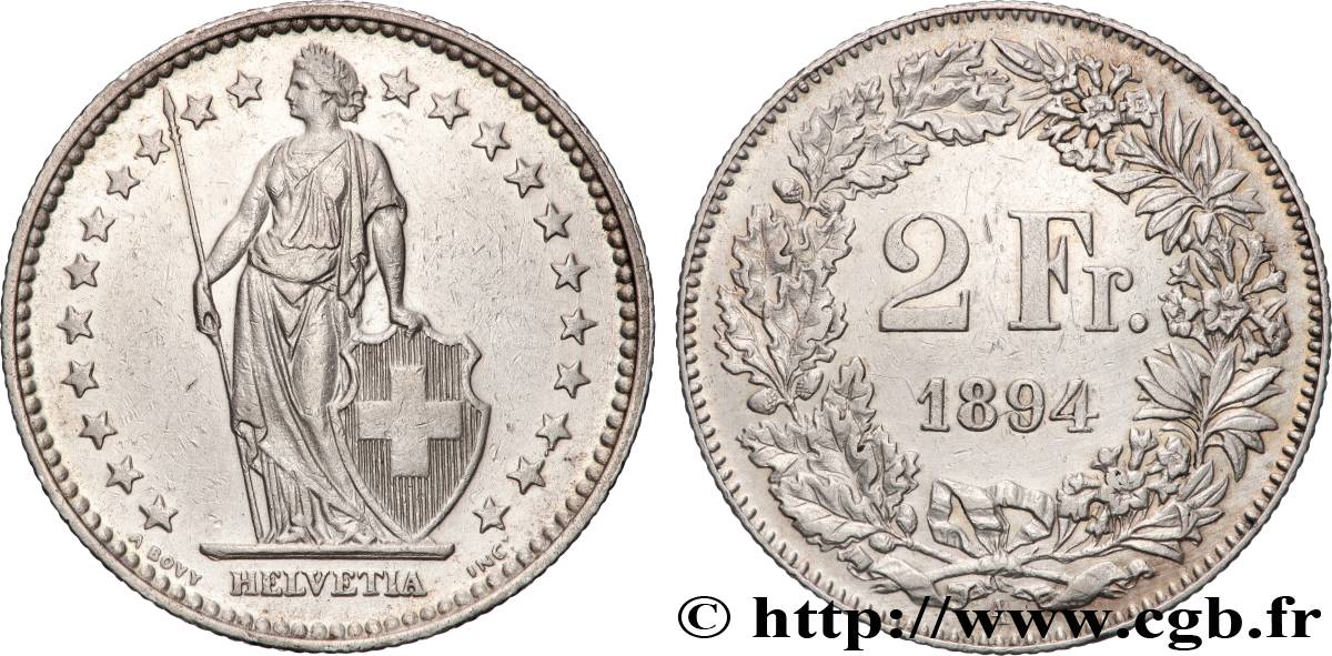 SUISSE 2 Francs Helvetia 1894 Berne - B TTB+ 