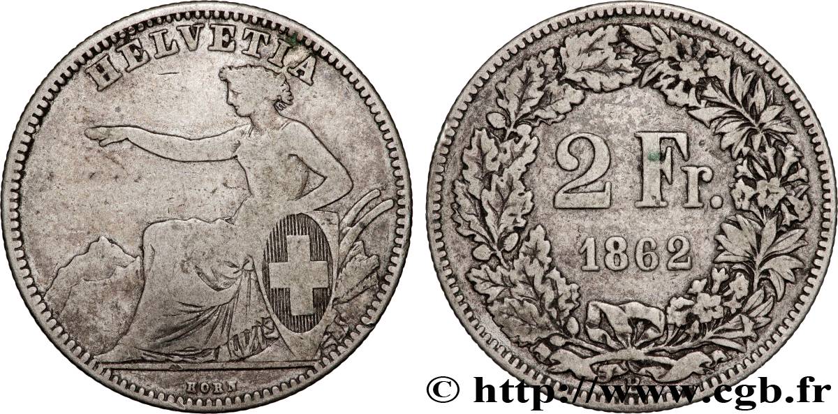 SUISSE 2 Francs Helvetia 1862 Berne TB 