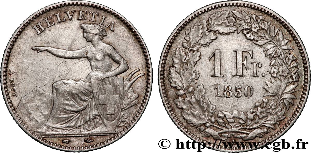 SUISSE - CONFÉDÉRATION HELVÉTIQUE 1 Franc Helvetia assise 1850 Paris TTB 