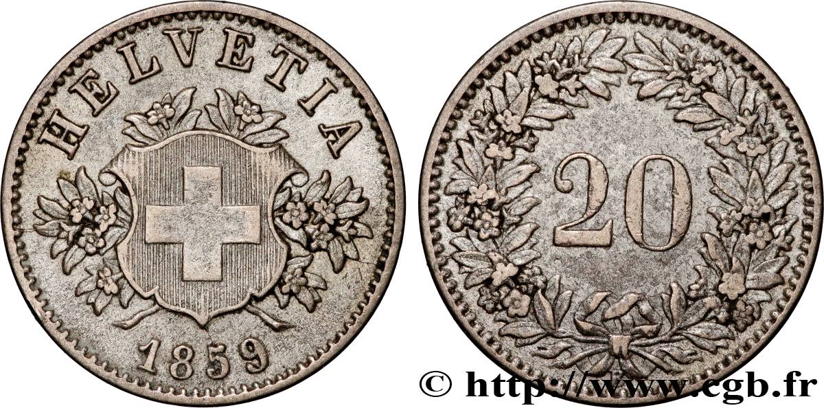 SUISSE 20 Centimes (Rappen) croix suisse 1859 Berne - B TTB 