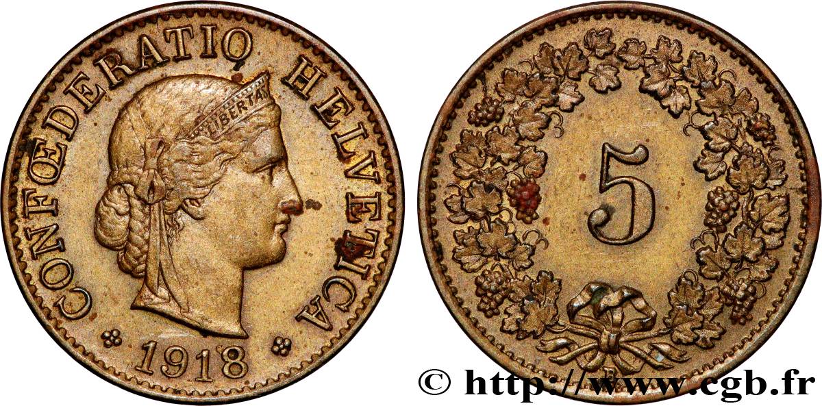 SUISSE 5 Centimes (Rappen) Tête de Libertas 1918 Berne TTB+ 
