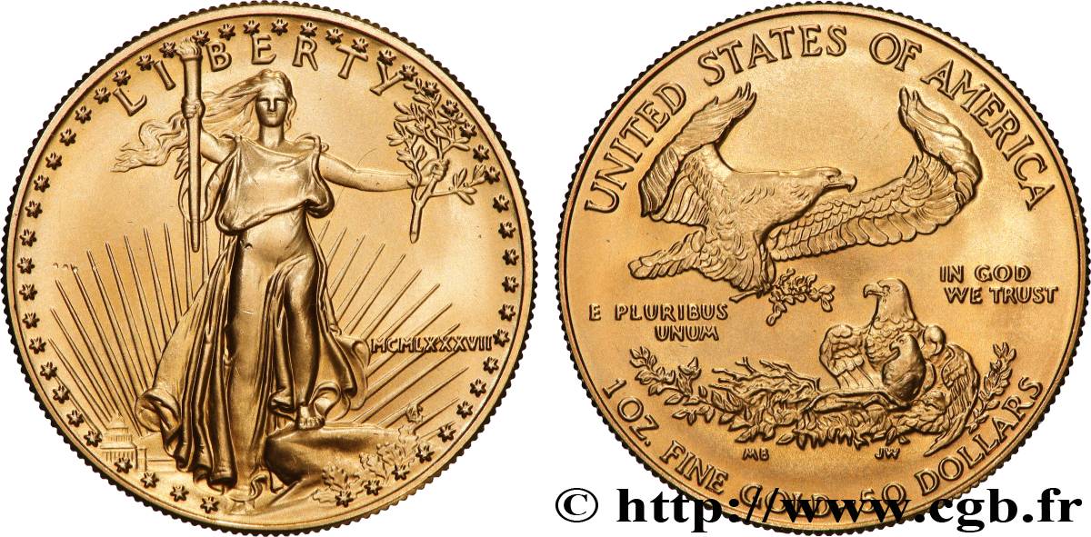 GOLD, PALLADIUM & PLATINUM INVESTMENT 1 Oz - 50 Dollars  1987 Philadelphie MS 