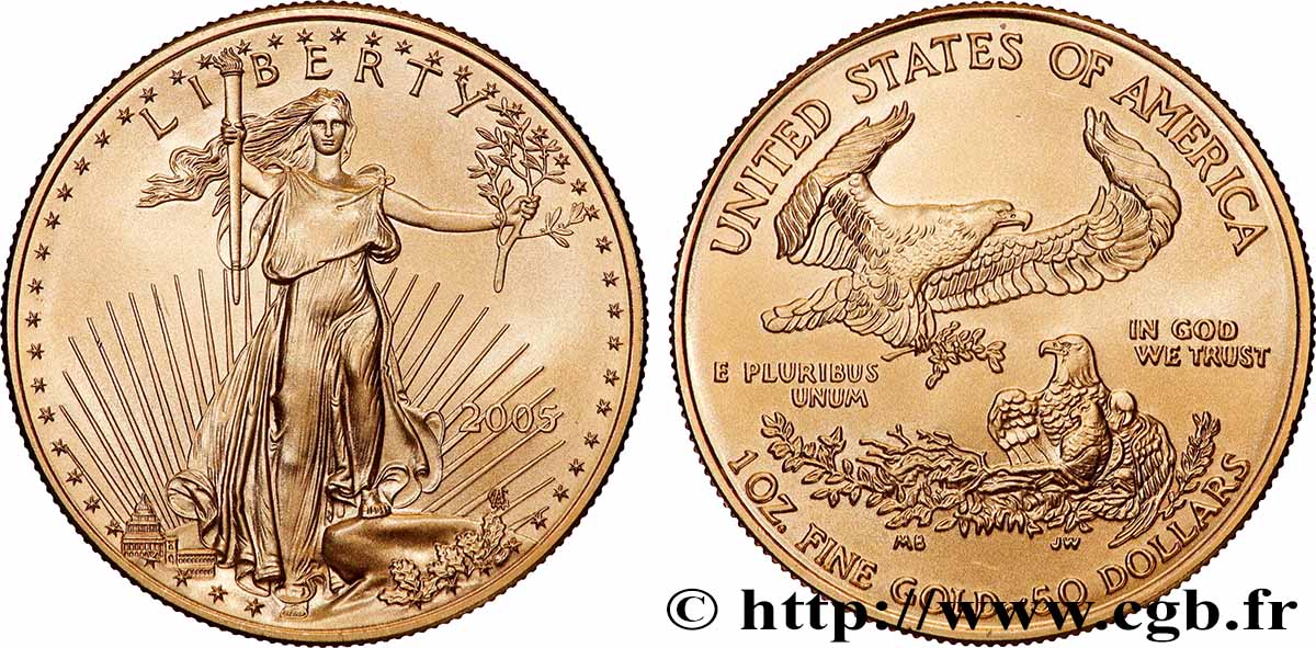 GOLD, PALLADIUM & PLATINUM INVESTMENT 1 Oz - 50 Dollars  Liberty  2005 Philadelphie MS 