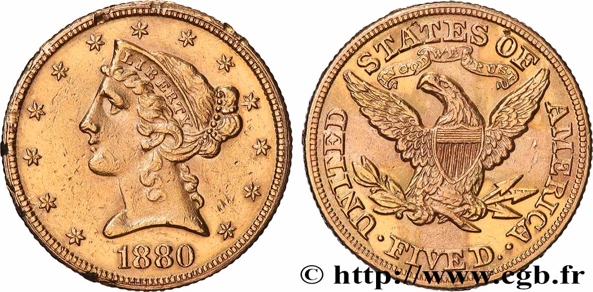 OR, PALLADIUM ET PLATINE INVESTISSEMENT 5 Dollars  Liberty  1880 Philadelphie TTB+ 