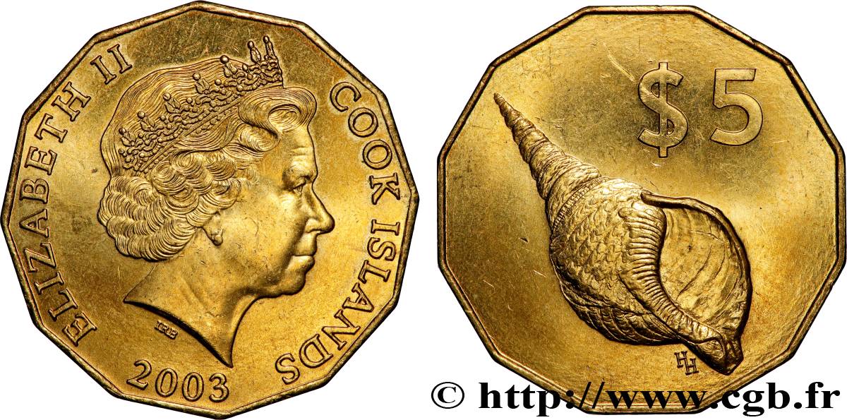 ÎLES COOK  5 Dollars Elisabeth II / Coquillage 2003 Canberra SPL 