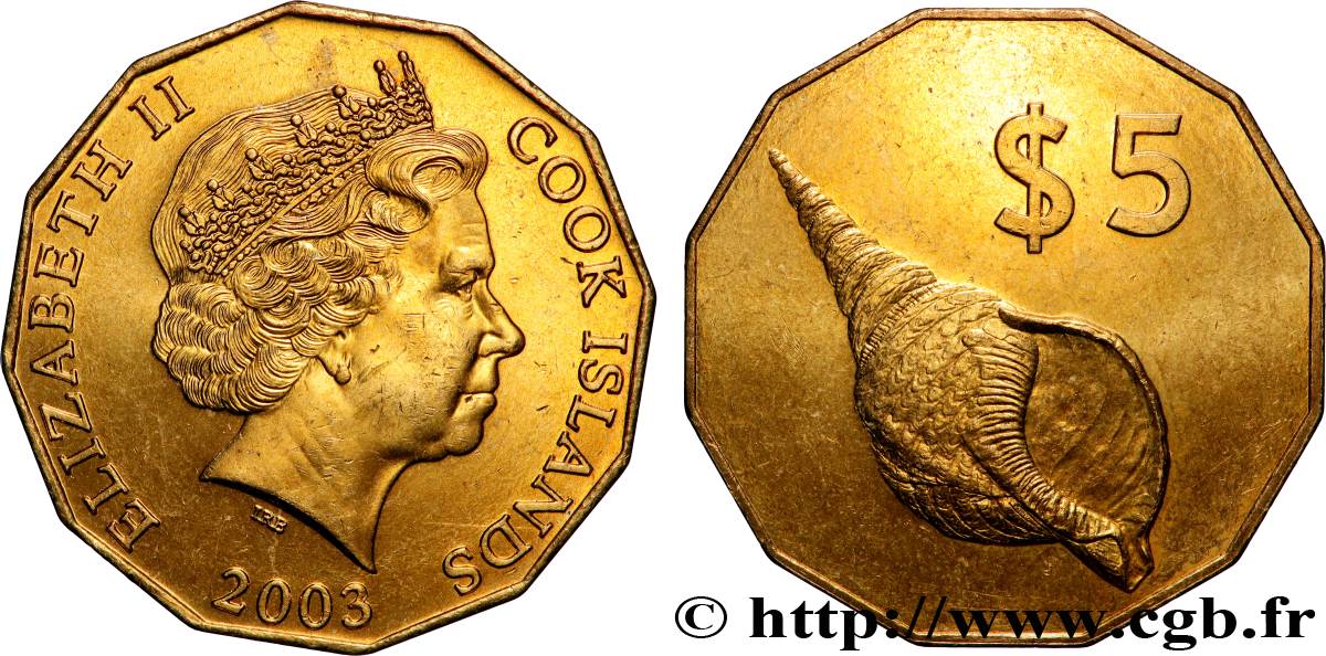 ÎLES COOK  5 Dollars Elisabeth II / Coquillage 2003 Canberra SPL 