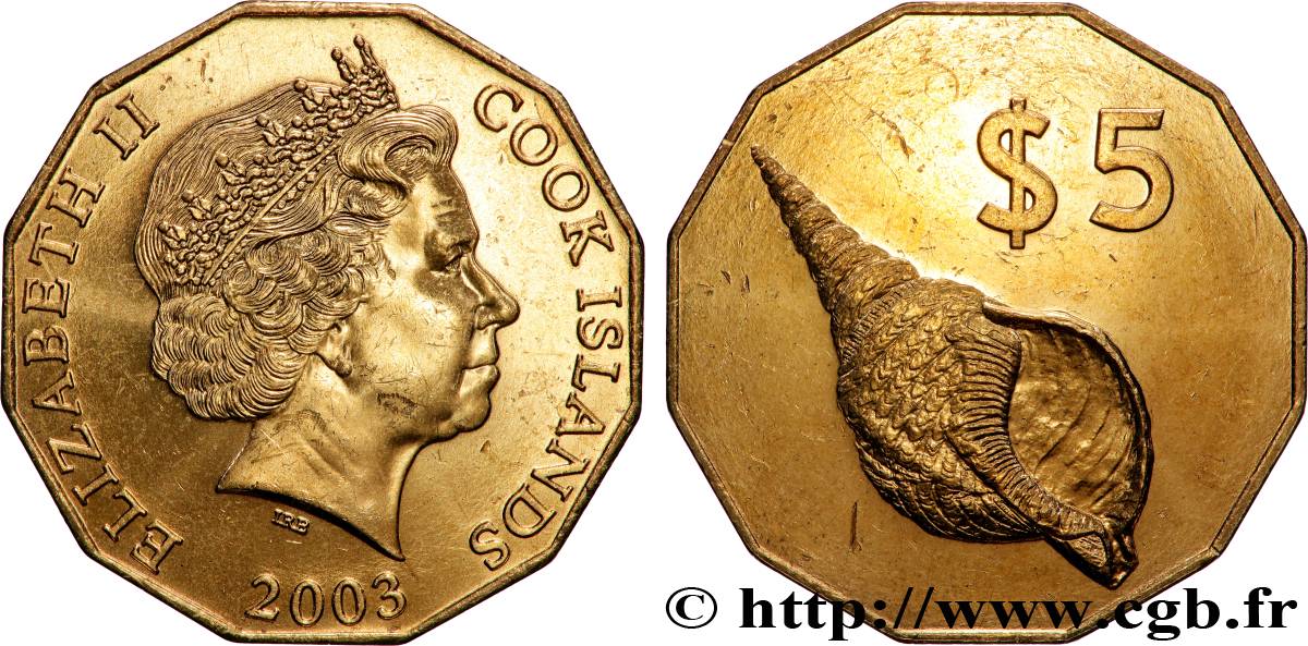 COOK ISLANDS 5 Dollars Elisabeth II / Coquillage 2003 Canberra MS 
