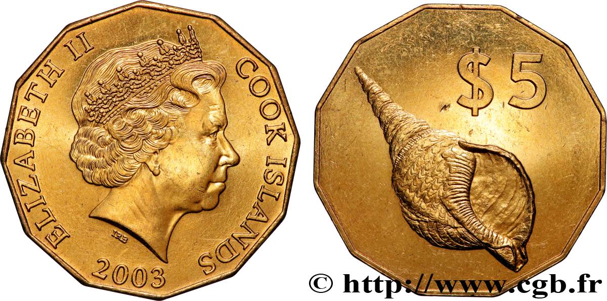 COOK ISLANDS 5 Dollars Elisabeth II / Coquillage 2003 Canberra MS 