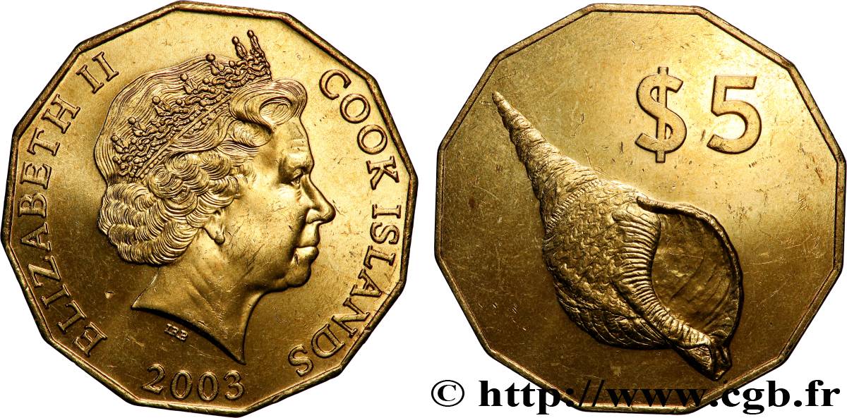 COOK ISLANDS 5 Dollars Elisabeth II / Coquillage 2003 Canberra MS 