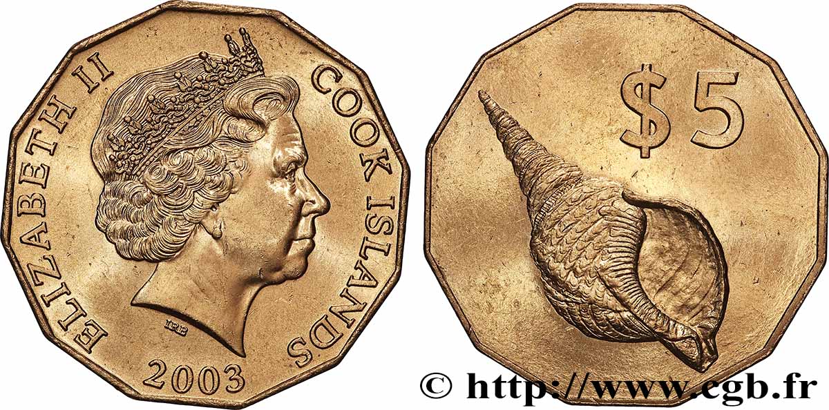 ISLAS COOK 5 Dollars Elisabeth II / Coquillage 2003 Canberra SC 