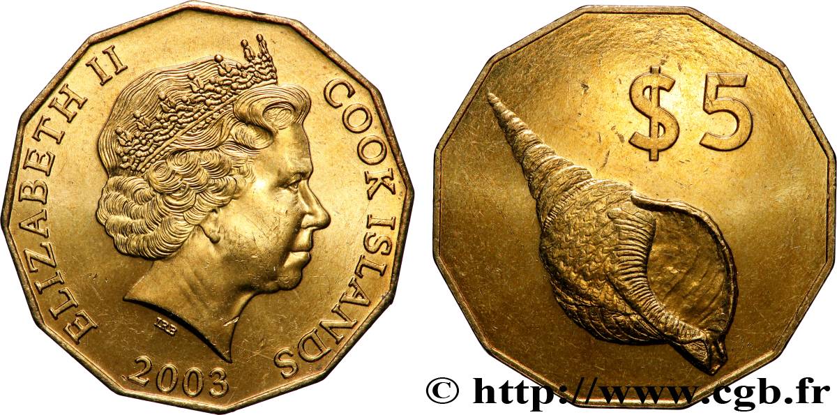 ÎLES COOK  5 Dollars Elisabeth II / Coquillage 2003 Canberra SPL 