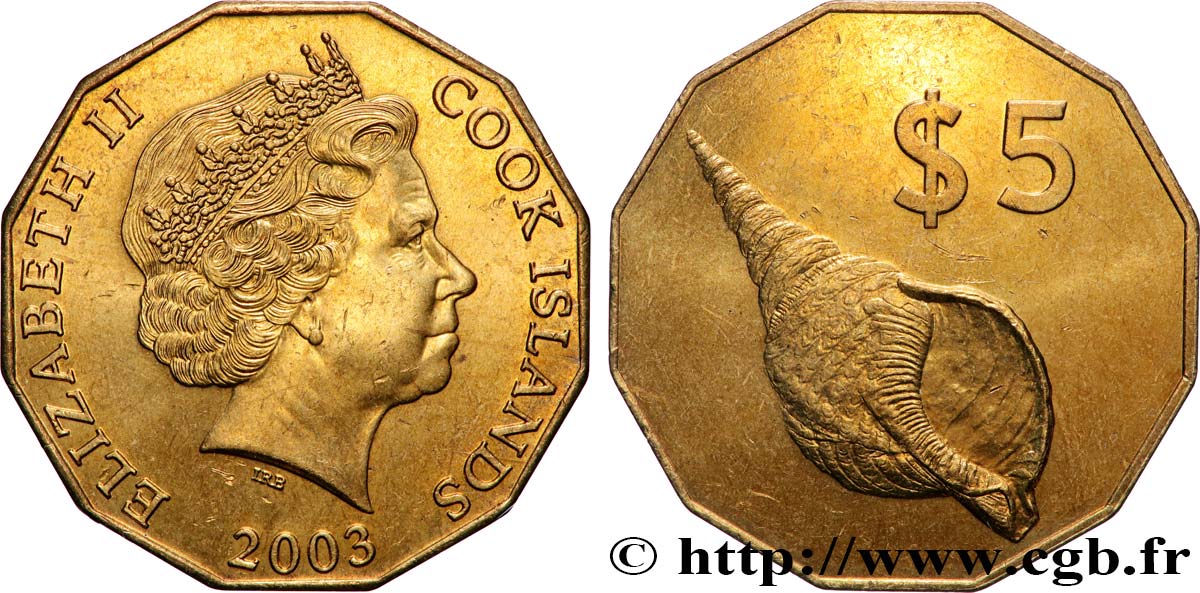 COOK ISLANDS 5 Dollars Elisabeth II / Coquillage 2003 Canberra MS 