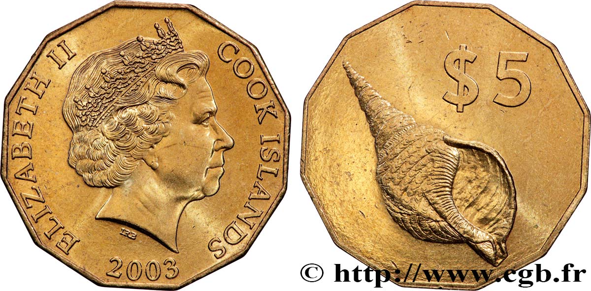 COOK ISLANDS 5 Dollars Elisabeth II / Coquillage 2003 Canberra MS 