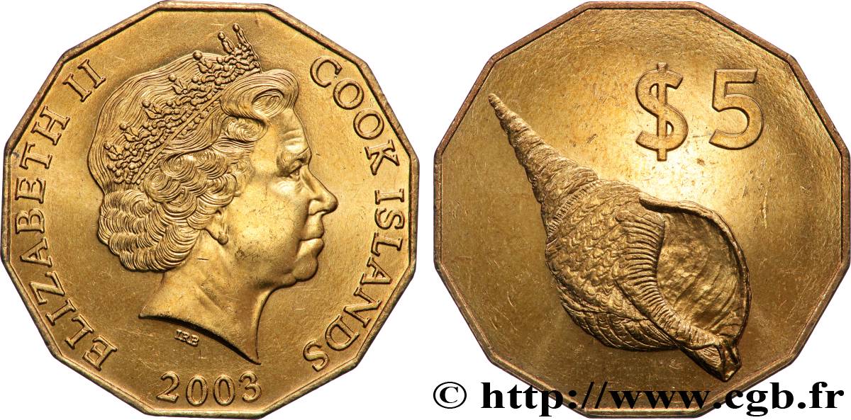 COOK INSELN 5 Dollars Elisabeth II / Coquillage 2003 Canberra fST 