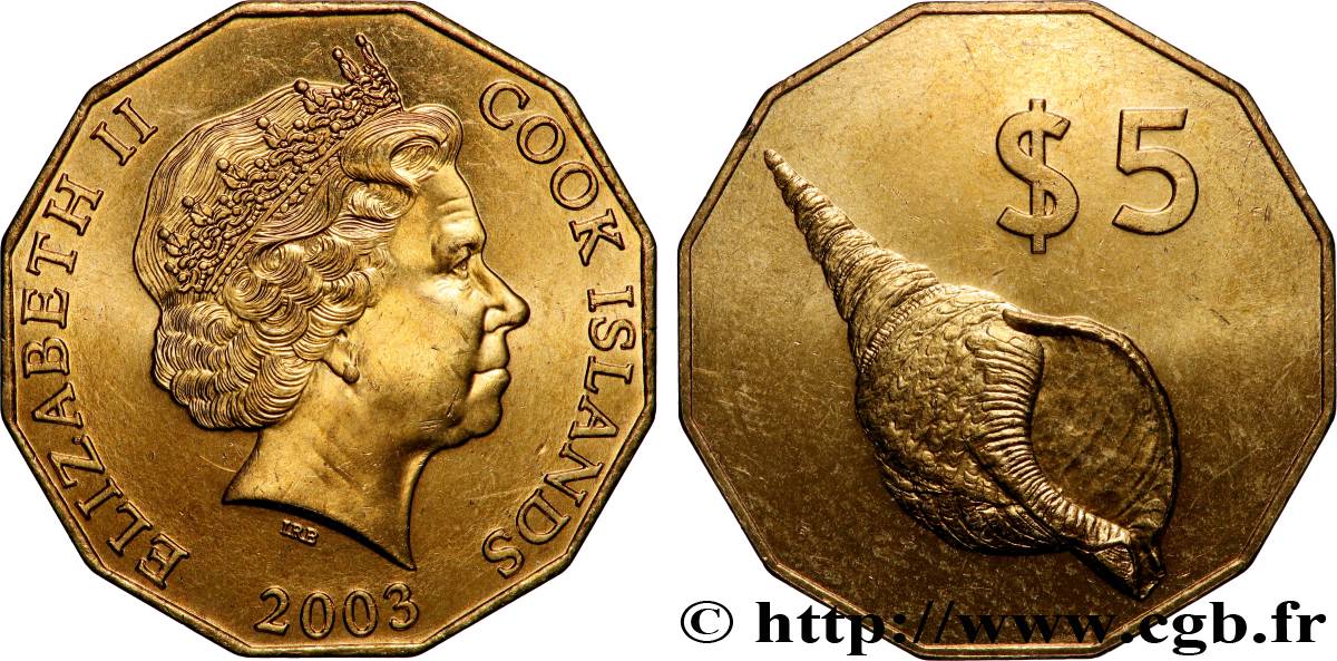 COOK ISLANDS 5 Dollars Elisabeth II / Coquillage 2003 Canberra MS 