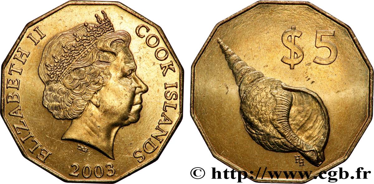 COOK ISLANDS 5 Dollars Elisabeth II / Coquillage 2003 Canberra MS 