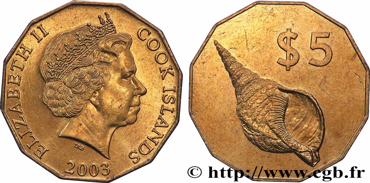COOK ISLANDS 5 Dollars Elisabeth II / Coquillage 2003 Canberra MS 