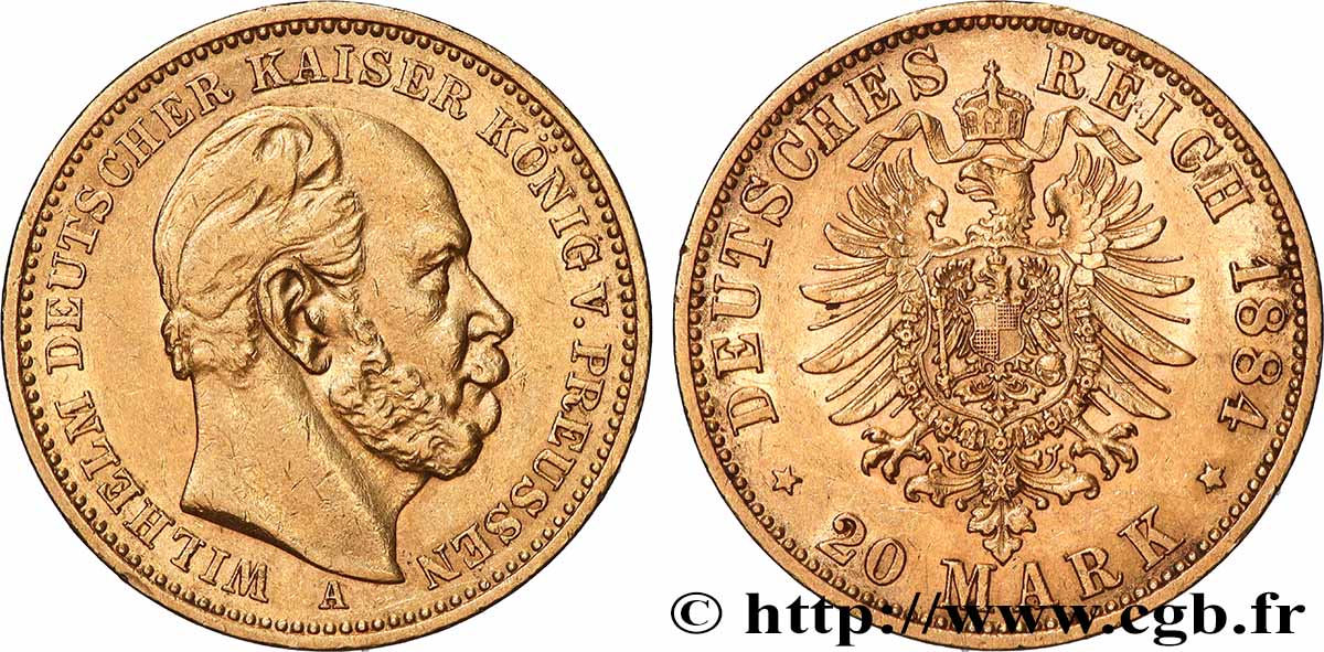 OR, PALLADIUM ET PLATINE INVESTISSEMENT 20 Mark royaume de Prusse Guillaume Ier, 2e type 1884 Berlin TTB+ 