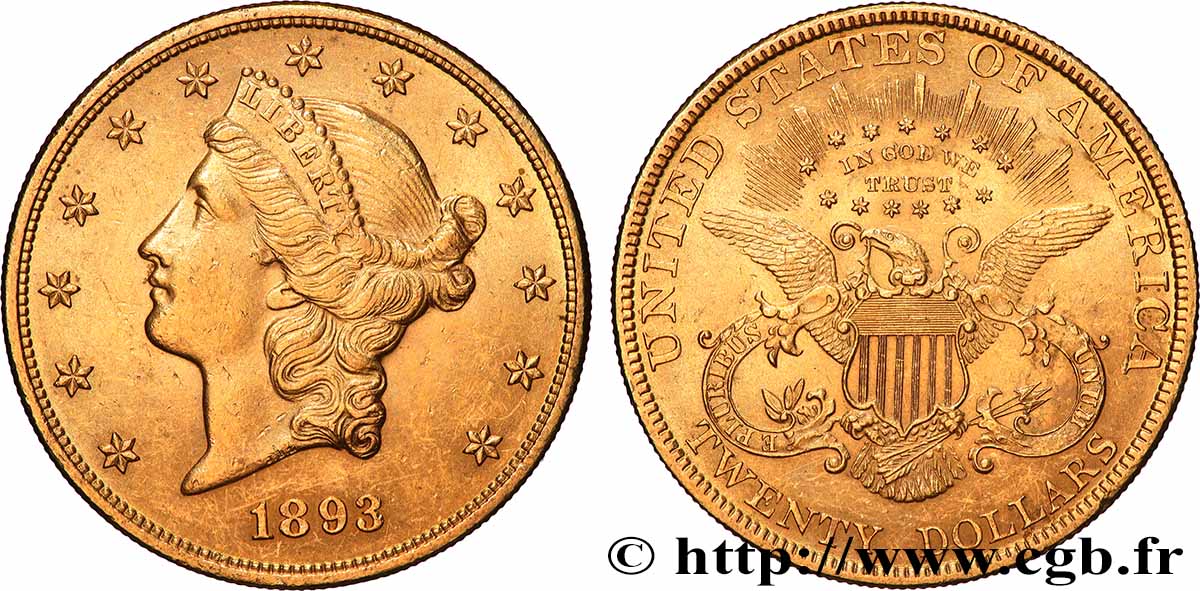 OR, PALLADIUM ET PLATINE INVESTISSEMENT 20 Dollars  Liberty  1893 Philadelphie SUP 