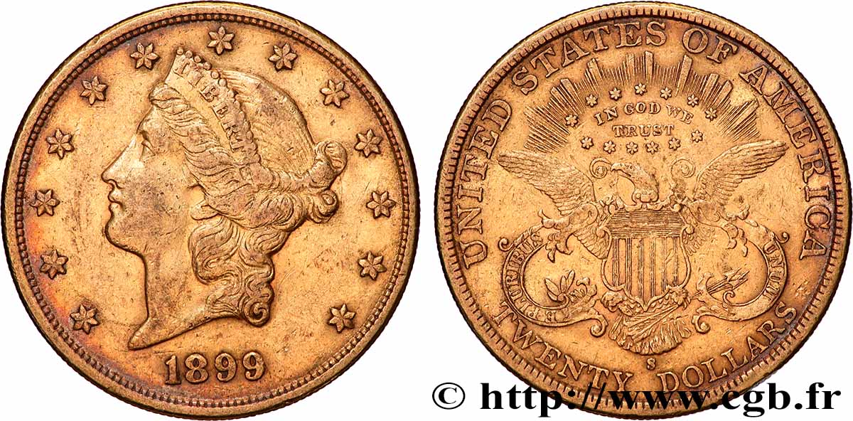 OR, PALLADIUM ET PLATINE INVESTISSEMENT 20 Dollars  Liberty  1899 San Francisco TTB 