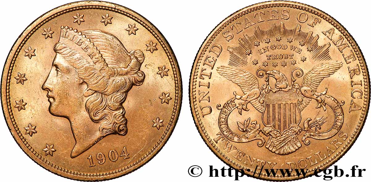 OR, PALLADIUM ET PLATINE INVESTISSEMENT 20 Dollars  Liberty  1904 Philadelphie SUP 