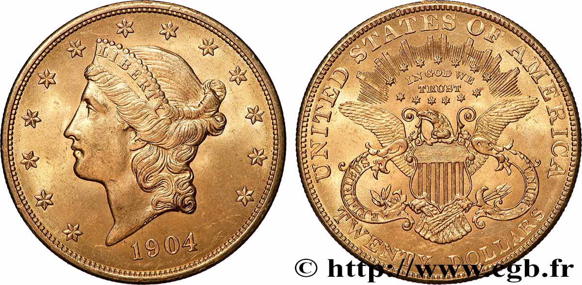 OR, PALLADIUM ET PLATINE INVESTISSEMENT 20 Dollars  Liberty  1904 Philadelphie SUP 