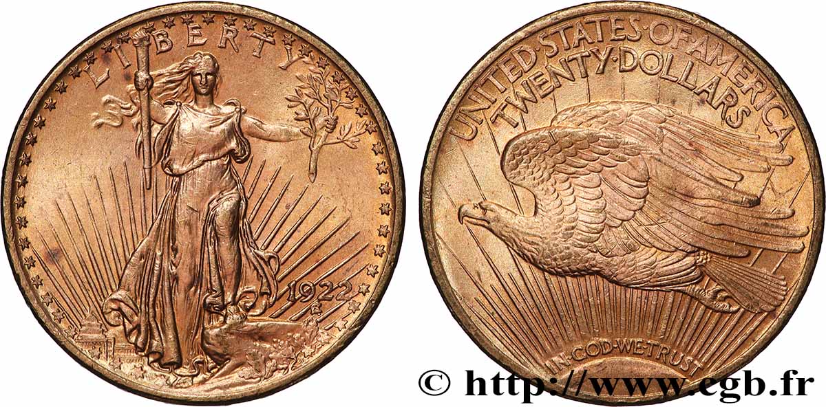 OR, PALLADIUM ET PLATINE INVESTISSEMENT 20 Dollars  Saint-Gaudens” 1922 Philadelphie TTB+ 