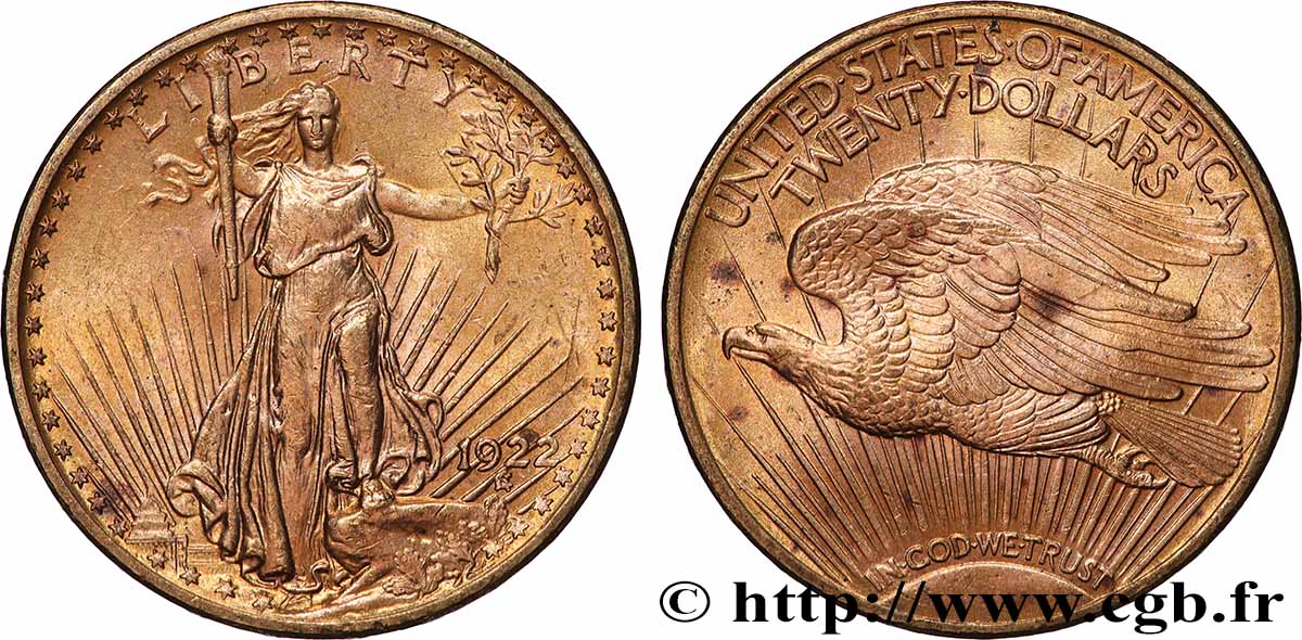 OR, PALLADIUM ET PLATINE INVESTISSEMENT 20 Dollars  Saint-Gaudens” 1922 Philadelphie TTB+ 