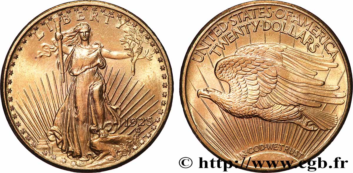 OR, PALLADIUM ET PLATINE INVESTISSEMENT 20 Dollars  Saint-Gaudens” 1925 Philadelphie TTB+ 