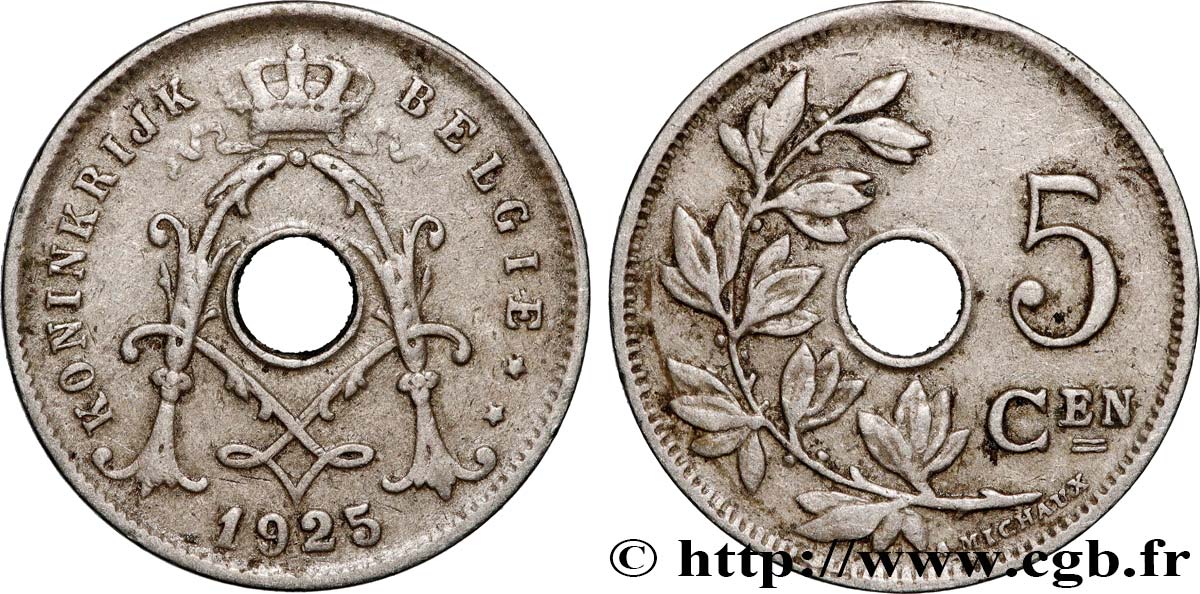 BELGIUM 5 Centiemen (Centimes) Albert Ier légende flamande 1925 Bruxelles VF 